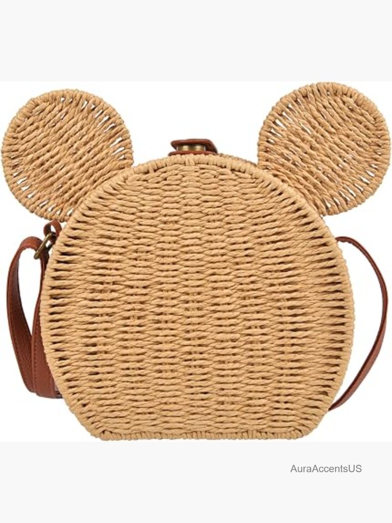 Handwoven Rattan Crossbody Bag Cute Mouse Ear Straw Purse